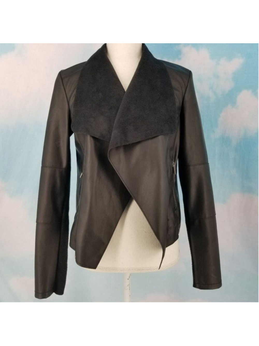 Roz & Ali Black Open Front Faux Leather Jacket Small